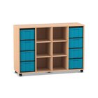 Flexeo Regal, Buche hell, 4 Reihen, 8 groe Boxen in blau, 6 Fcher mittig, HxBxT: 92,3 x 130,7 x 40,8 cm, Rollen
