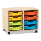 Flexeo Regal PRO, Ahorn honig, HxBxT: 54,3 x 73,1 x 48 cm, 2 Reihen, 8 kleine Boxen bunt A, Rollen