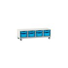 Flexeo Sitzregal PRO wei, HxBxT: 42,9 x 143,9 x 48 cm, 8 Boxen hellblau, mit  Rollen