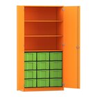 Flexeo Hochschrank Orange mit 3 groen Fchern, 12 groen Boxen grn, Tren, Bogengriff mit Schloss, 50cm tief