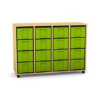 Flexeo Regal mit 4 Reihen, Dekor Buche hell, Sockel, 16 hohe Schubladen grn, HxBxT: 92,3 x 130,7 x 40,8 cm