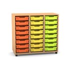 Flexeo Regal PRO mit 3 Reihen, Rollen, inkl. 24 kleine Boxen orange/gelb/grn Dekor: Buche hell