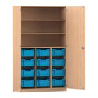 Flexeo Hochschrank, Buche hell, groe Boxen hellblau, 3 Fcher, und Tren mit Bogengriff mit Schloss