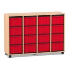 Flexeo Regal mit 4 Reihen, Dekor Buche hell, Rollen, 16 hohe Schubladen rot, HxBxT: 92,3 x 130,7 x 40,8 cm