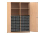 Flexeo Schrank, 40 kleine Boxen transparent, Mittelwand, 2 Tren, Buche Hell, Bodengriff mit Schloss