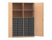 Flexeo Schrank, 40 kleine Boxen transparent, Mittelwand, 2 Tren, Buche Hell, Bodengriff mit Schloss