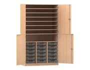 Flexeo Bastelschrank, Buche hell, HxBxT: 190 x 108,1 x 60 cm, 4 Halbt�ren, 18 kleine Boxen transparent, Bogengriff mit Schloss