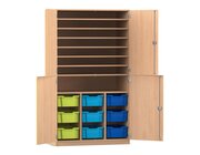 Flexeo Bastelschrank, Buche hell, HxBxT: 190x108,1x60 cm, 4 Halbtren, 9 groe Boxen bunt B, Dreholive
