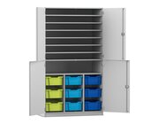 Flexeo Bastelschrank, Dekor grau, HxBxT: 190x108,1x60 cm, 4 Halbtren, 9 groe Boxen bunt B, Schloss