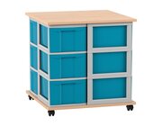 Flexeo Fahrbares Containersystem Buche hell mit Ablage, 12 groe Boxen blau Rahmen grau