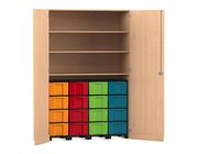 Flexeo Garagenschrank, Buche hell, HxBxT: 190 x 126,4 x 60 cm, 16 groe Boxen bunt, Bogengriff mit Schloss