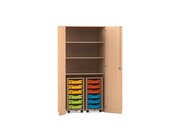 Flexeo Garagenschrank PRO, Buche hell, 2 Rollcontainer, 12 kleine Boxen bunt, 3 Fcher, HxBxT: 190 x 94,4 x 60 cm