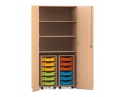 Flexeo Garagenschrank PRO, Buche hell, 2 Rollcontainer, 12 kleine Boxen bunt, 3 Fcher, HxBxT: 190 x 94,4 x 60 cm