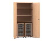 Flexeo Garagenschrank PRO, Buche hell, HxBxT: 190 x 94,4 x 60 cm, 2 Rollcontainer, 8 Boxen Gr. S und M transparent, Bogengriff mit Schloss