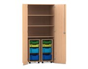 Flexeo Garagenschrank PRO, Buche hell, HxBxT: 190 x 94,4 x 60 cm, 2 Rollcontainer, 8 Boxen Gr. S und M, bunt B, Dreholive Schloss