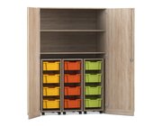 Flexeo Garagenschrank PRO, Eiche natur, HxBxT: 190 x 126,4 x 60 cm, 3 Rollcontainer, 12 Boxen bunt A, Dreholive