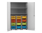 Flexeo Garagenschrank PRO, grau, 3 Rollcontainer, 18 Boxen bunt B, Schloss