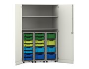 Flexeo Garagenschrank, Dekor wei, HxBxT: 190x126,4x60 cm, 3 Rollcontainer mit Boxen bunt B, Dreholive