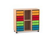 Flexeo Regal Buche hell, 3 Reihen, HxBxT 92,3x98,6x40,8 cm, 16 kleine Boxen bunt, Rollen