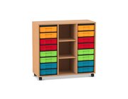 Flexeo Regal, Buche dunkel, 3 Reihen, 2 Fachbden, 16 kleine Boxen bunt, Rollen, Hhe 92,3 cm