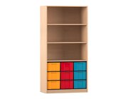 Flexeo Regal, Buche hell, 3 Fächer, 9 große Boxen bunt, HxBxT: 190 x 94,4 x 48 cm
