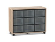 Flexeo Regal mit 9 großen Boxen transparent, Dekor Eiche natur, HxBxT: 72,8 x 94,8 x 40,8 cm, Rollen