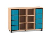 Flexeo Regal, Buche hell, 4 Reihen, 8 groe Boxen in blau, 6 Fcher mittig, HxBxT: 92,3 x 130,7 x 40,8 cm, Rollen