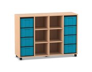 Flexeo Regal, Ahorn honig, 4 Reihen, 8 groe Boxen in blau,  6 Fcher mittig, HxBxT: 92,3 x 130,7 x 40,8 cm, Rollen