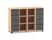 Flexeo Regal, Buche hell, 4 Reihen, 8 große Boxen transparent, 6 Fächer mittig, HxBxT: 92,3 x 130,7 x 40,8 cm, Rollen