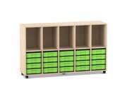 Flexeo Regal, Ahorn honig, HxBxT: 98 x 162,8 x 40,8 cm, 5 Reihen, 5 Fcher, 20 kleine Boxen grn, Rollen