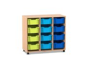 Flexeo Regal PRO, Buche hell, HxBxT: 99,1 x 108,5 x 48 cm, 3 Reihen, 12 groe Boxen bunt B, Sockel