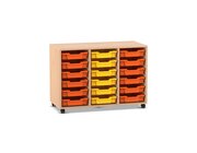 Flexeo Regal PRO, Buche hell, mit 3 Reihen und 18 kleinen Boxen orange-gelb, Rollen