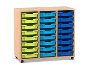 Flexeo Regal PRO, Buche hell, HxBxT: 99,1 x 108,5 x 48 cm, 3 Reihen, 24 kleine Boxen bunt B, Rollen