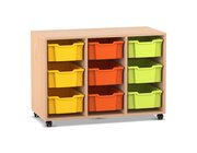 Flexeo Regal PRO, Buche hell, HxBxT: 76,7x108,5x48 cm, 3 Reihen, 9 Boxen bunt A Gr. M, Rollen