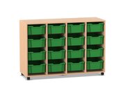 Flexeo Regal PRO, Buche hell, 4 Reihen, 16 groe Boxen grn, Rollen, 143,9x99,1x48 cm