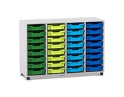 Flexeo Regal PRO, Dekor grau, HxBxT: 99,1x143,9x48 cm, 4 Reihen, 32 kleine Boxen bunt B, Rollen