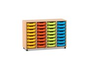 Flexeo Regal PRO mit 4 Reihen und 32 kleinen Boxen Dekor Buche hell, Sockel, Boxen orange gelb grn hellblau