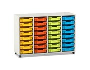 Flexeo Regal PRO, HxBxT: 99.1 x 143.9 x 48 cm, mit 4 Reihen und 32 kleinen Boxen Dekor wei, Sockel, Boxen orange gelb grn hellblau