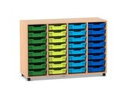 Flexeo Regal PRO, Buche hell, HxBxT: 99.1 x 143.9 x 48 cm, 4 Reihen, 32 kleine Boxen bunt B, Rollen