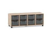 Flexeo Regal PRO, Eiche natur, HxBxT: 54.3x143.9x48 cm, 4 Reihen, 8 große Boxen transparent, Rollen