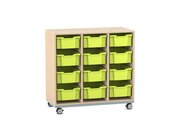 Flexeo Regal Pro mit Stahlrahmen, Dekor Ahorn honig, HxBxT: 104,1 x 108,5 x 48 cm, 3 Reihen, 12 Boxen grn, Rollen