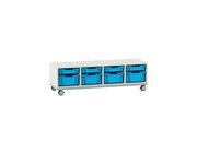 Flexeo Sitzregal PRO wei, HxBxT: 42,9 x 143,9 x 48 cm, 8 Boxen hellblau, mit  Rollen