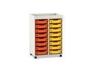 Flexeo Regal PRO, 2 Reihen, Dekor wei, 16 kleine Boxen gelb/orange, Aufkantung, Rollen