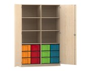 Flexeo Hochschrank mit 6 Fchern, Ahorn honig, HxBxT: 190x126,4x60 cm, 12 groen Boxen bunt, Bogengriff mit Schloss