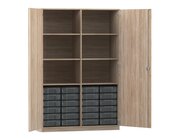 Flexeo Schrank, Eiche natur, 24 kleine Boxen transparent, 6 Fcher, Mittelwand, 2 Tren, HxBxT: 190 x 126,4 X 50 cm, Dreholive