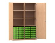 Flexeo Schrank, Buche hell, 24 kleine Boxen grn, 6 Fcher, Mittelwand, 2 Tren, HxBxT: 190 x 126,4 X 50 cm, Schloss