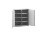 Flexeo mittelhoher Schrank grau mit 3 Fachbden, HxBxT: 143,9 x 126,4 cm x 50 cm, Bogengriff mit Schloss