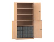 Flexeo Halbtrenschrank Buche Hell, 4 Halbtren, 4 Fachbden, Tiefe 50 cm, 9 groe Boxen transparent, Schloss