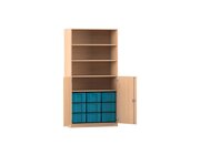 Flexeo Schrank, Buche hell, 9 groe Boxen blau, 4 Fcher, 2 Halbtren, HxBxT: 190x94,5x50 cm, Bogengriff mit Schloss