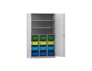 Flexeo Hochschrank mit Drehtren, Dekor lichtgrau, HxBxT: 190x108,1x60 cm, 12 groe Boxen bunt B